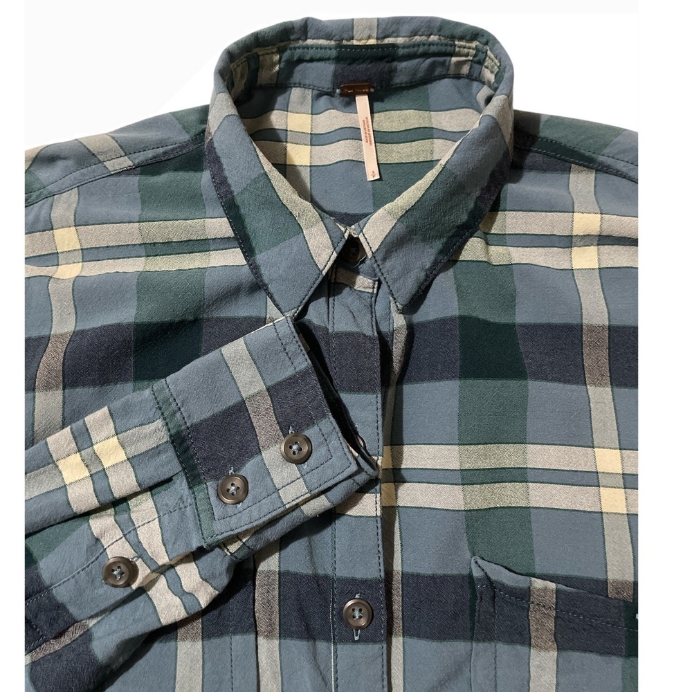 Free People Plaid Button Up Shirt Frayed Hem Top Blue‎ Green Size Small
